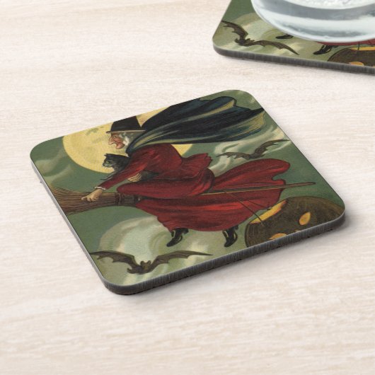 Vintages Halloween-Riding-Broomstick mit Katze Untersetzer (Linke Seite)