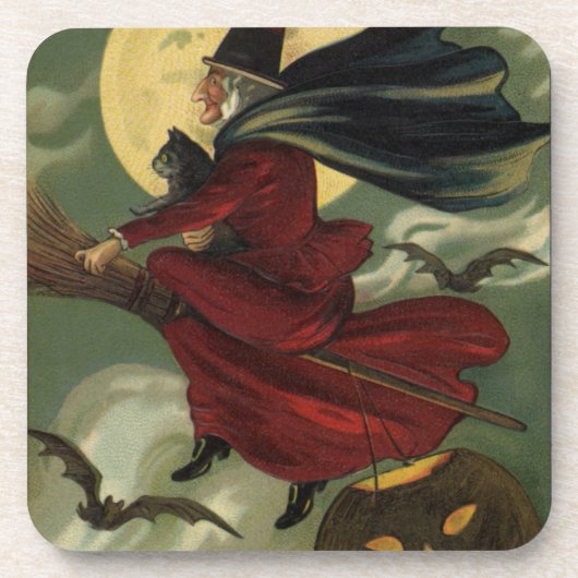 Vintages Halloween-Riding-Broomstick mit Katze Untersetzer (Vorderseite)