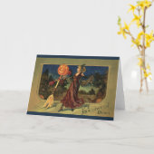 Vintages Halloween, schöne Tanzhexe Karte (Gelbe Blume)