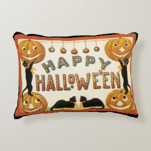 Vintages Halloween, Schwarze Katzen mit Jackolante Dekokissen