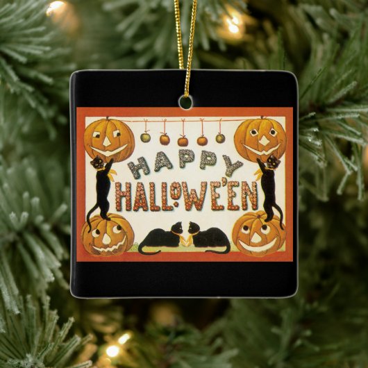 Vintages Halloween, Schwarze Katzen mit Jackolante Keramikornament (Baum)