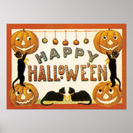 Vintages Halloween, Schwarze Katzen mit Jackolante Poster