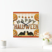 Vintages Halloween, Schwarze Katzen mit Jackolante Quadratische Wanduhr (Zuhause)