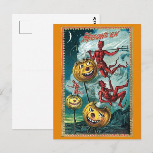 Vintages Halloween Spooky Devil Pumpkin Postkarte (Vorne/Hinten)