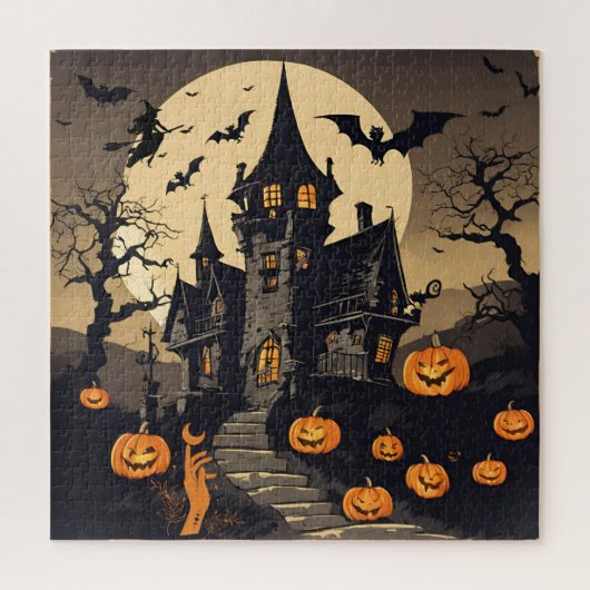 Vintages Halloween-Spuk Haus, Kürbis, Fledermäuse Puzzle (Vertikal)