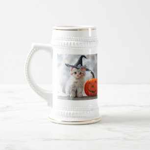 Vintages Halloween White Kitten und Jack-o'-Latern Bierglas
