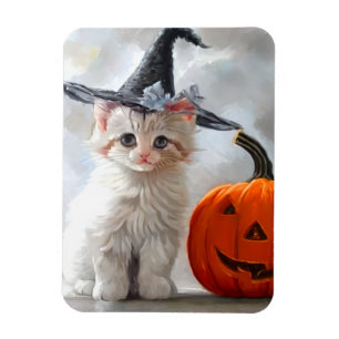 Vintages Halloween White Kitten und Jack-o'-Latern Magnet