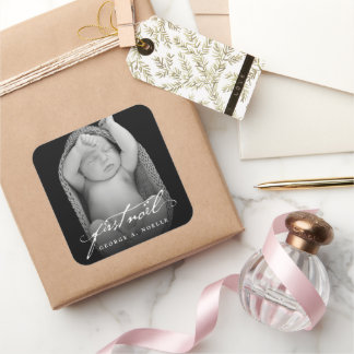 Vintages Handwriting Script Baby's First Weihnacht Quadratischer Aufkleber