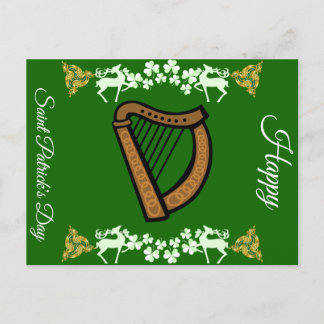 Vintages Harp Saint Patrick's Day Kleeblatt Celtic Feiertagspostkarte