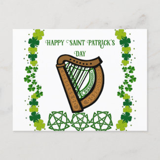 Vintages Harp Saint Patrick's Day Kleeblatt Celtic Feiertagspostkarte