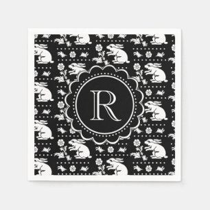 Vintages Häschen-Kaninchen-Monogramm Schwarzweiss Serviette