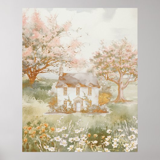 Vintages Haus im Grünen Wiesen Poster (Vorne)