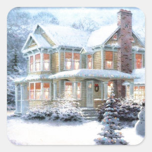 Vintages Haus im Winter Quadratischer Aufkleber