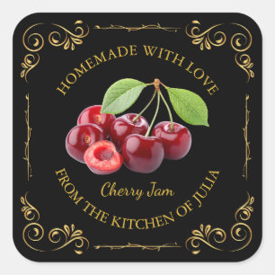 Vintages hausgemachte Cherry-Jam-Platz-Label Quadratischer Aufkleber