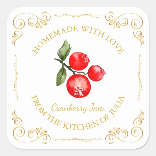 Vintages hausgemachte Cranberry-Jam-Platz-Label Quadratischer Aufkleber (Vorderseite)