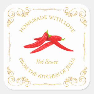 Vintages, hausgemachte Hot Chili Sauce Square Labe Quadratischer Aufkleber
