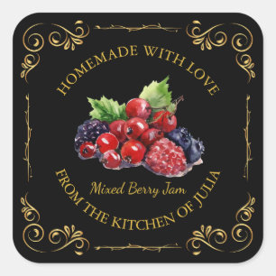 Vintages, hausgemachte Mixed Berry-Jam-Platz-Label Quadratischer Aufkleber