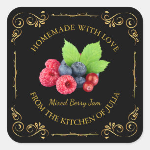 Vintages, hausgemachte Mixed Berry-Jam-Platz-Label Quadratischer Aufkleber