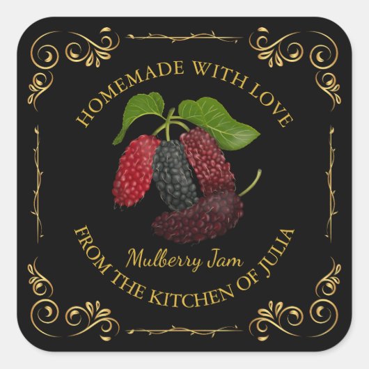 Vintages, hausgemachte Mulberry-Marmelade-Label Quadratischer Aufkleber (Vorderseite)