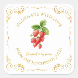 Vintages hausgemachte Strawberry-Jam-Platz-Label Quadratischer Aufkleber