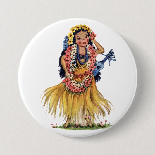 Vintages Hawaiianisches Mädchen in Hula Outfit Dre Button (Vorderseite)