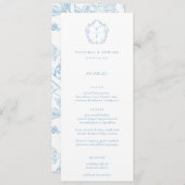 Vintages, hellblaues Monogram-Wappen-Blumenmenü Einladung (Vorne/Hinten)