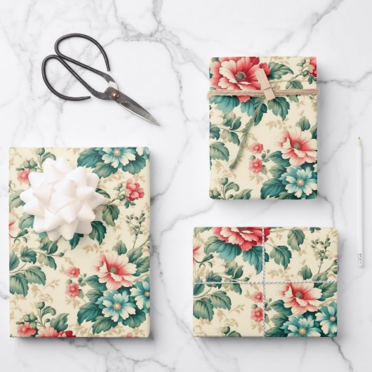 Vintages hellblaues Viktorianisches Blumendesign Geschenkpapier Set (Vorderseite)