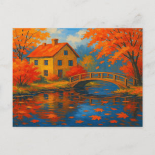Vintages Herbsthaus Ahorn Roter Garten Teich Postkarte