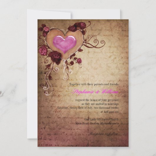 Vintages Herz mit Rose Einladung Hochzeit (Vorderseite)