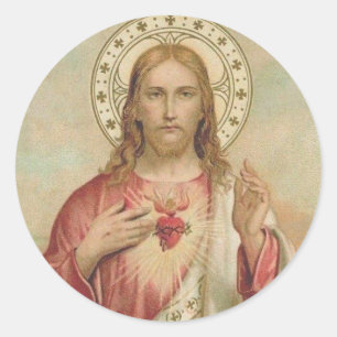Vintages Herz von Jesus-Dornen, die Flammen segnen Runder Aufkleber