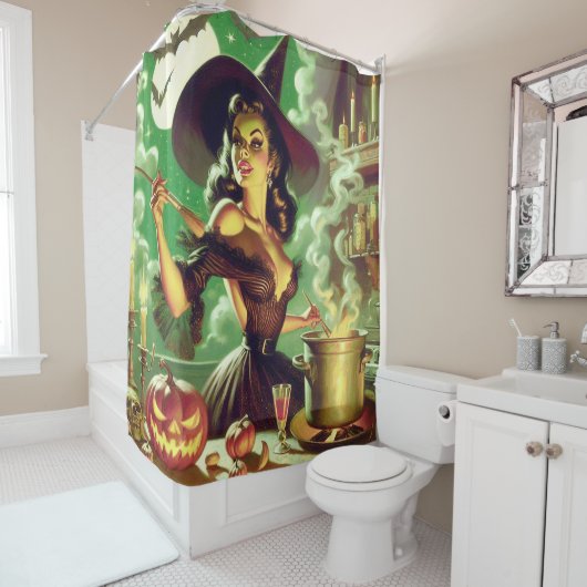 Vintages HexenHalloween-Button Duschvorhang (Beispiel)