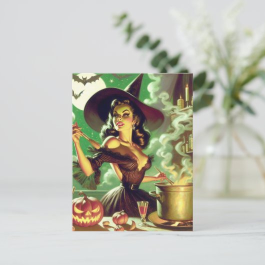 Vintages HexenHalloween-Button Postkarte (Stehend Vorderseite)