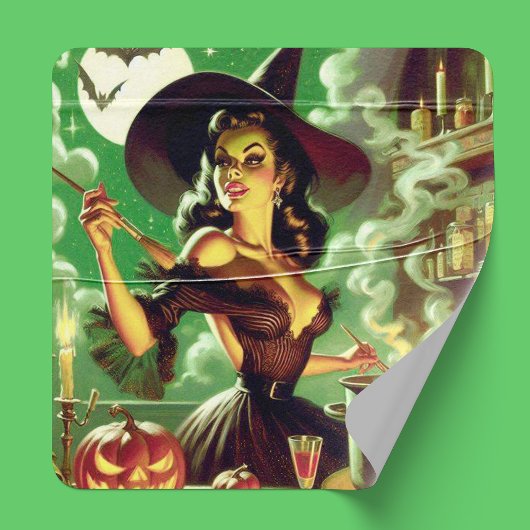 Vintages HexenHalloween-Button Quadratischer Aufkleber