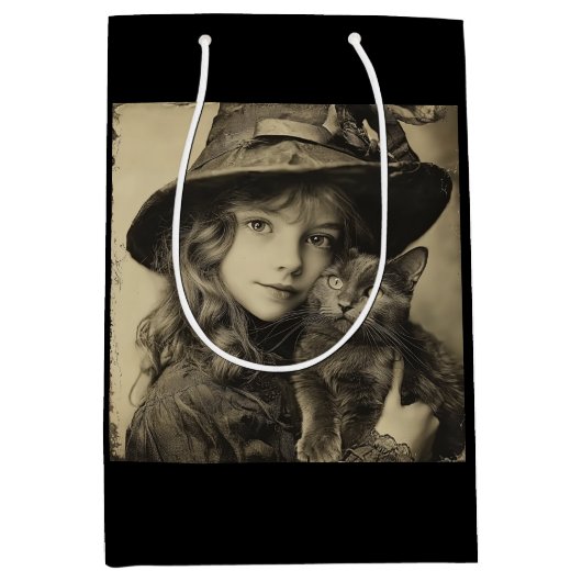 Vintages Hexenmädchen mit schwarzer Katze Mittlere Geschenktüte (Vorderseite)