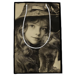 Vintages Hexenmädchen mit schwarzer Katze Mittlere Geschenktüte