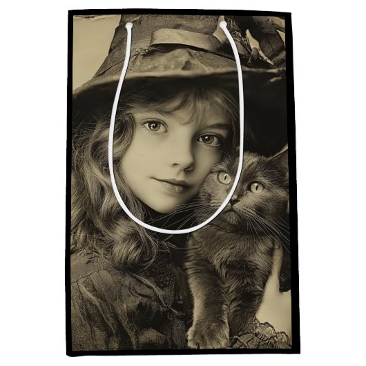 Vintages Hexenmädchen mit schwarzer Katze Mittlere Geschenktüte (Vorderseite)