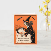 Vintages HexenvergnügungsHalloween Karte (Gelbe Blume)