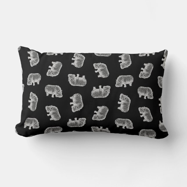 Vintages Hippo-Druckmuster Hippopotamus Art Schwar Lendenkissen (Vorderseite)