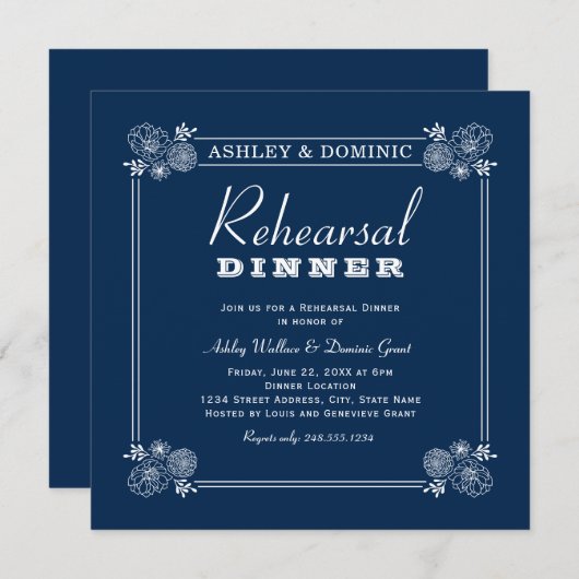 Vintages Hochzeitsessen in blauer Blüte Einladung (Vorne/Hinten)