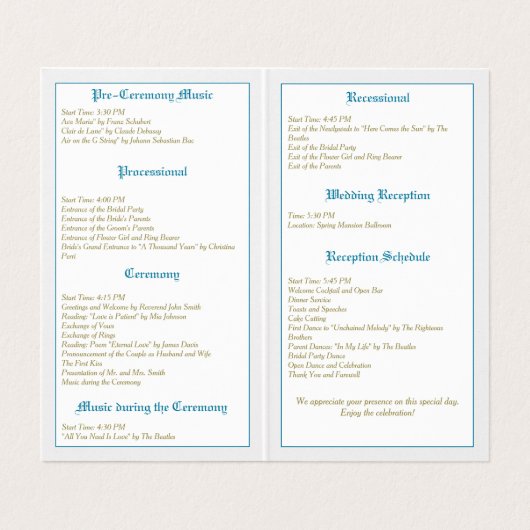 Vintages Hochzeitsprogramm (Innenseite Aufgefaltet)