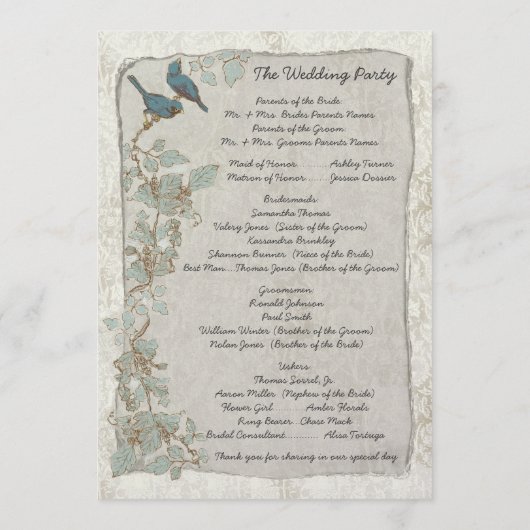 Vintages Hochzeitsprogramm für Aquamarine Vogelart Programm (Rückseite)