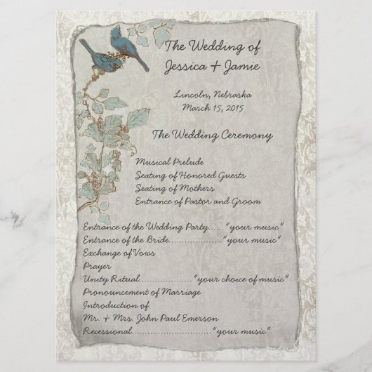 Vintages Hochzeitsprogramm für Aquamarine Vogelart Programm (Vorderseite)