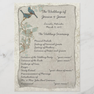 Vintages Hochzeitsprogramm für Aquamarine Vogelart Programm