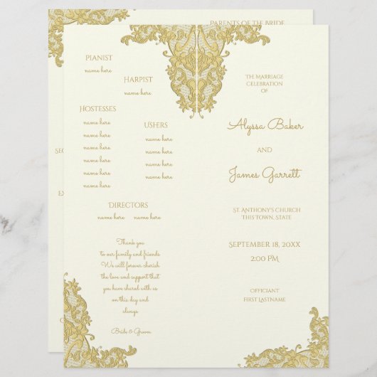 Vintages Hochzeitsprogramm für Gold und Elfenbein (Vorne/Hinten)