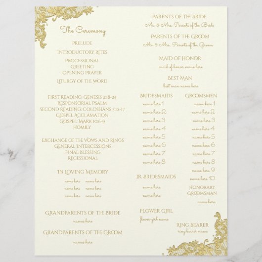 Vintages Hochzeitsprogramm für Gold und Elfenbein (Rückseite)