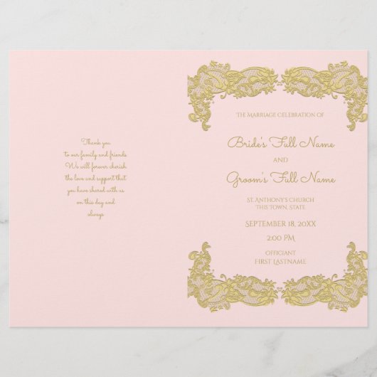 Vintages Hochzeitsprogramm für Gold und Rosa (Vorderseite)