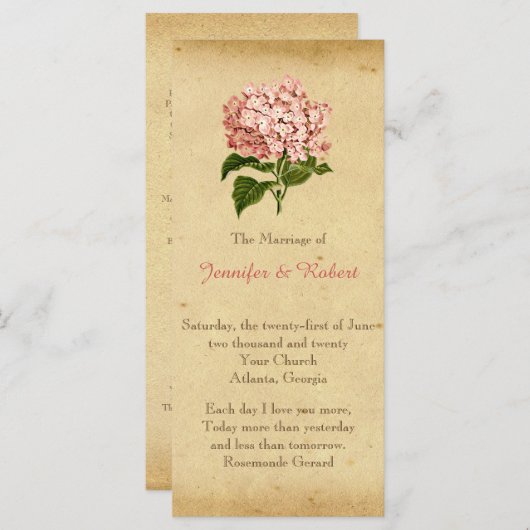 Vintages Hochzeitsprogramm für Hydrangea Programm (Vorne/Hinten)