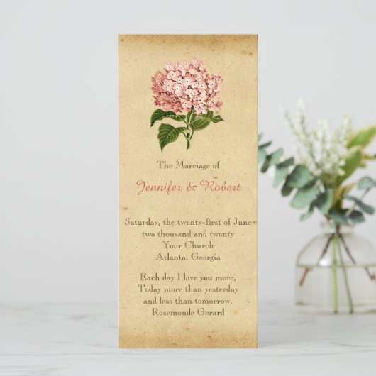 Vintages Hochzeitsprogramm für Hydrangea Programm (Stehend Vorderseite)