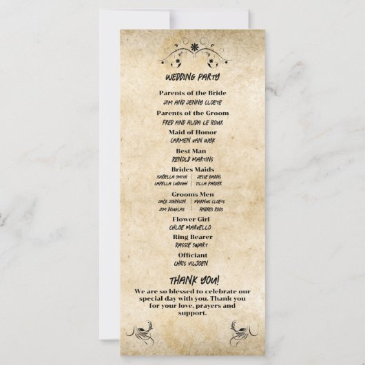 Vintages Hochzeitsprogramm für rustikales Schwarze (Rückseite)