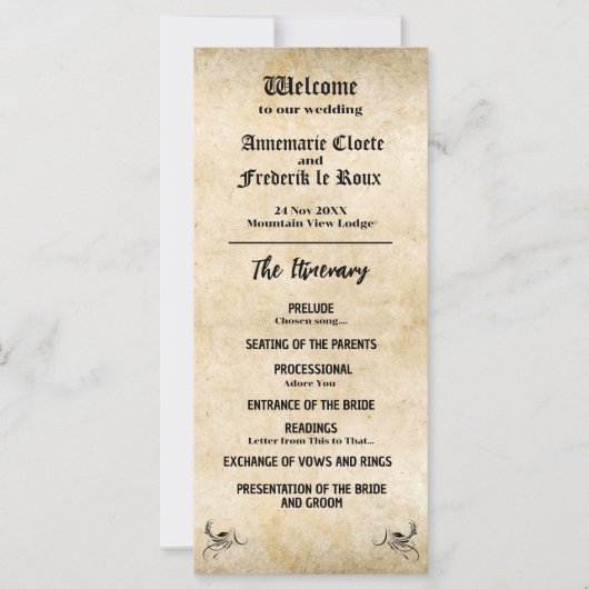 Vintages Hochzeitsprogramm für rustikales Schwarze (Vorderseite)